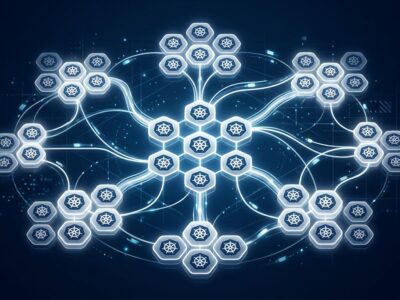 Abstract visualization of llm-d distributed Kubernetes pods routing LLM inference requests with KV-cache-aware scheduling
