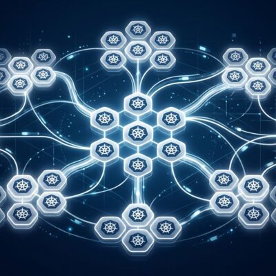Abstract visualization of llm-d distributed Kubernetes pods routing LLM inference requests with KV-cache-aware scheduling
