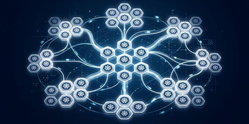Abstract visualization of llm-d distributed Kubernetes pods routing LLM inference requests with KV-cache-aware scheduling