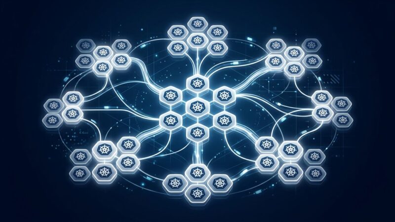 Abstract visualization of llm-d distributed Kubernetes pods routing LLM inference requests with KV-cache-aware scheduling