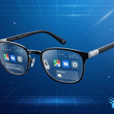 Android XR glasses with holographic UI overlay representing the Android XR Catalyst Program developer opportunity