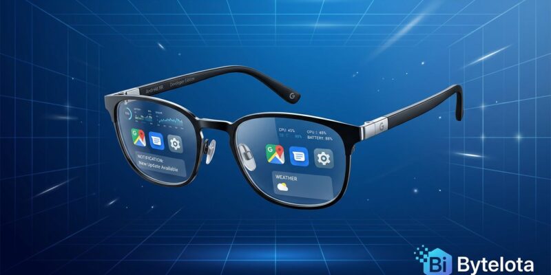 Android XR glasses with holographic UI overlay representing the Android XR Catalyst Program developer opportunity