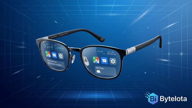 Android XR glasses with holographic UI overlay representing the Android XR Catalyst Program developer opportunity