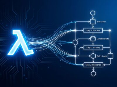 Temporal serverless workers connected to AWS Lambda with durable execution workflow diagram on dark blue background