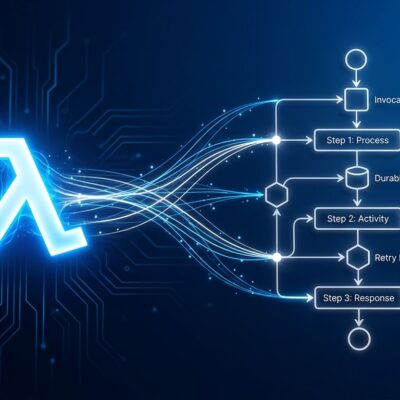 Temporal serverless workers connected to AWS Lambda with durable execution workflow diagram on dark blue background