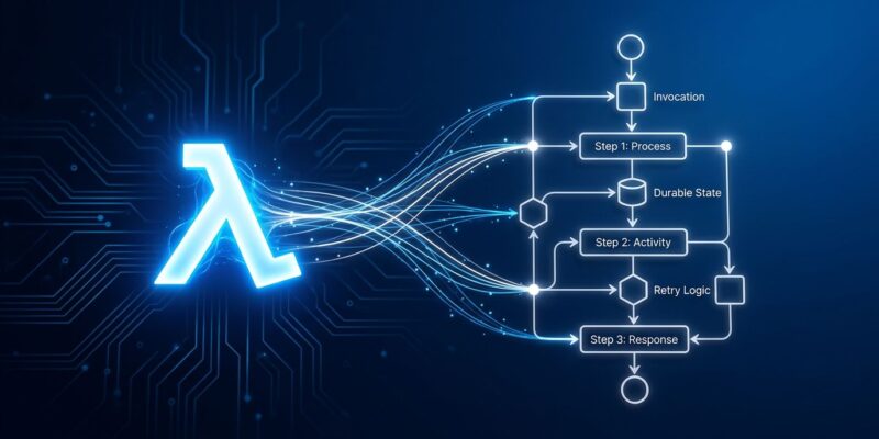 Temporal serverless workers connected to AWS Lambda with durable execution workflow diagram on dark blue background