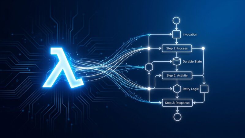 Temporal serverless workers connected to AWS Lambda with durable execution workflow diagram on dark blue background