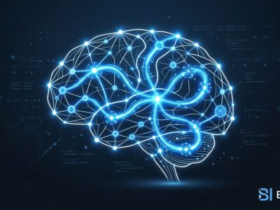 Abstract visualization of Claude AI agent memory consolidation with glowing blue neural network nodes on dark background