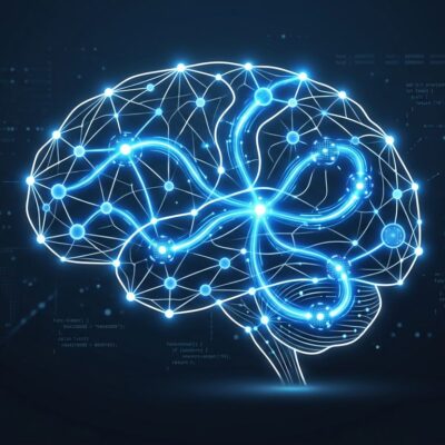 Abstract visualization of Claude AI agent memory consolidation with glowing blue neural network nodes on dark background