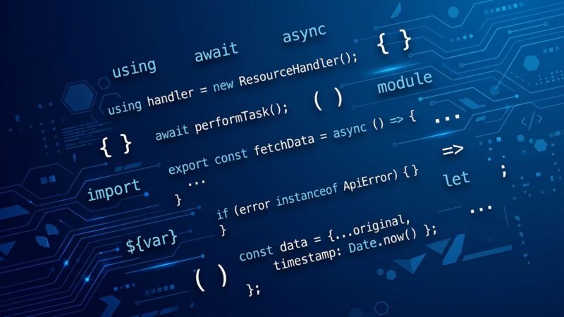 ES2026 JavaScript new features including using await using Map.getOrInsert Math.sumPrecise and Array.fromAsync code examples on blue background