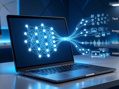 Laptop with blue neural network visualization representing Gemma 4 12B encoder-free multimodal AI running locally