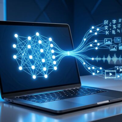 Laptop with blue neural network visualization representing Gemma 4 12B encoder-free multimodal AI running locally