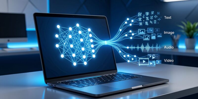 Laptop with blue neural network visualization representing Gemma 4 12B encoder-free multimodal AI running locally