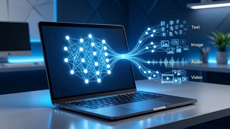 Laptop with blue neural network visualization representing Gemma 4 12B encoder-free multimodal AI running locally