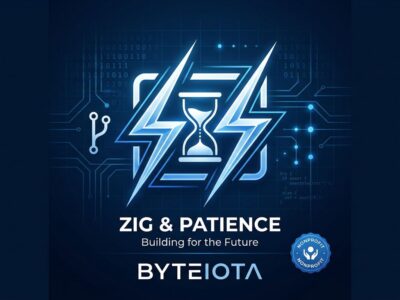 Zig programming language logo with clock symbol representing the patient path to 1.0 release, blue and white tech blog style