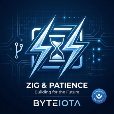 Zig programming language logo with clock symbol representing the patient path to 1.0 release, blue and white tech blog style