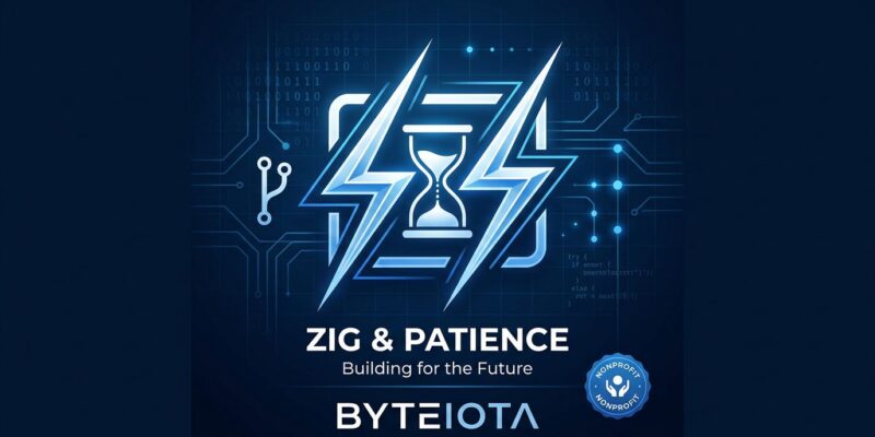 Zig programming language logo with clock symbol representing the patient path to 1.0 release, blue and white tech blog style