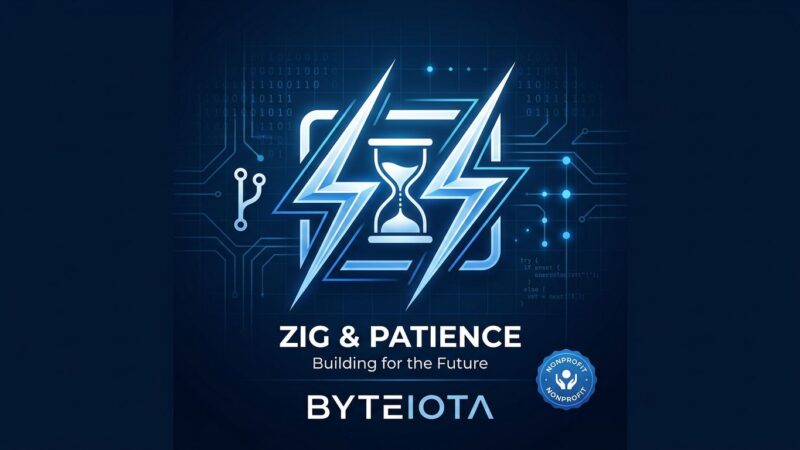 Zig programming language logo with clock symbol representing the patient path to 1.0 release, blue and white tech blog style
