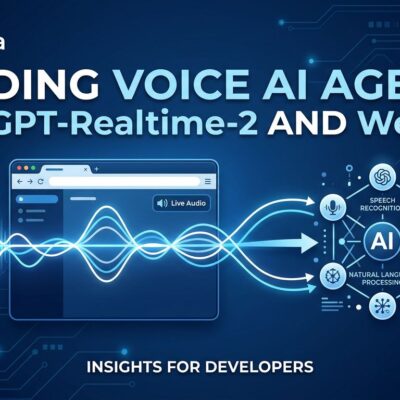 GPT-Realtime-2 and WebRTC speech-to-speech voice agent diagram with sound waves and AI nodes on blue background