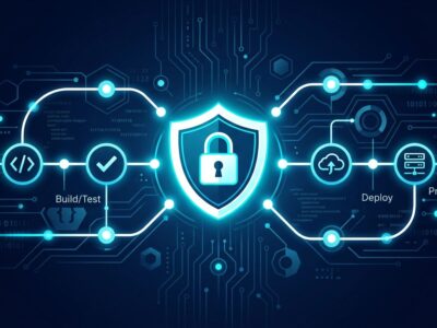 GitHub Actions CI/CD workflow security diagram with padlock and pipeline nodes on dark blue background