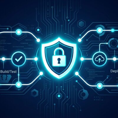 GitHub Actions CI/CD workflow security diagram with padlock and pipeline nodes on dark blue background