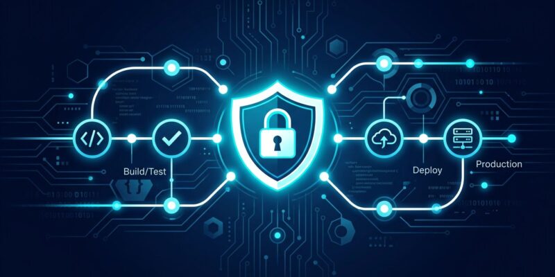 GitHub Actions CI/CD workflow security diagram with padlock and pipeline nodes on dark blue background