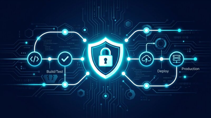 GitHub Actions CI/CD workflow security diagram with padlock and pipeline nodes on dark blue background