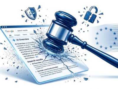German court gavel striking AI search results, representing Google AI Overviews liability ruling