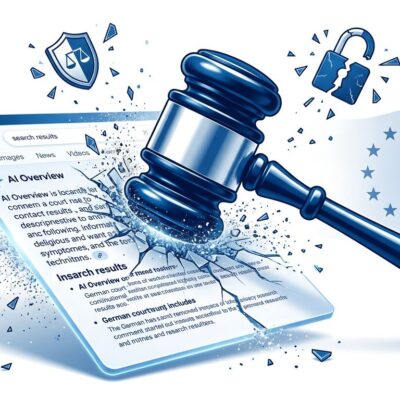 German court gavel striking AI search results, representing Google AI Overviews liability ruling