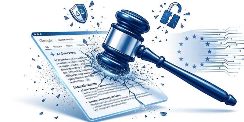 German court gavel striking AI search results, representing Google AI Overviews liability ruling