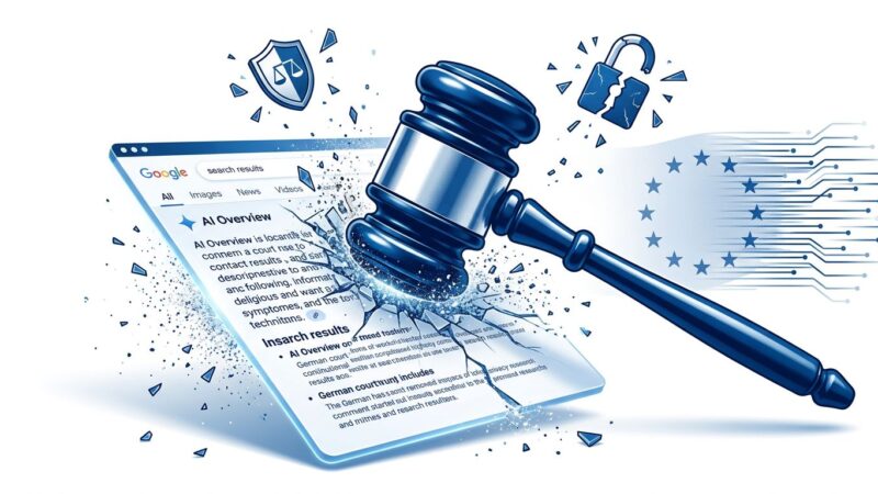 German court gavel striking AI search results, representing Google AI Overviews liability ruling
