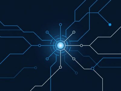 Abstract visualization of interconnected API nodes representing Microsoft Work IQ enterprise agent protocols MCP A2A and REST