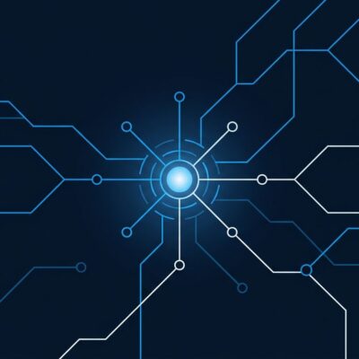 Abstract visualization of interconnected API nodes representing Microsoft Work IQ enterprise agent protocols MCP A2A and REST