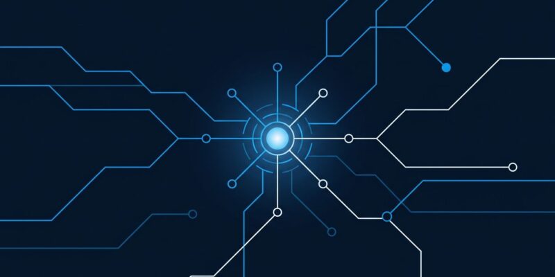 Abstract visualization of interconnected API nodes representing Microsoft Work IQ enterprise agent protocols MCP A2A and REST