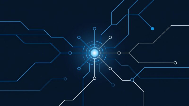 Abstract visualization of interconnected API nodes representing Microsoft Work IQ enterprise agent protocols MCP A2A and REST