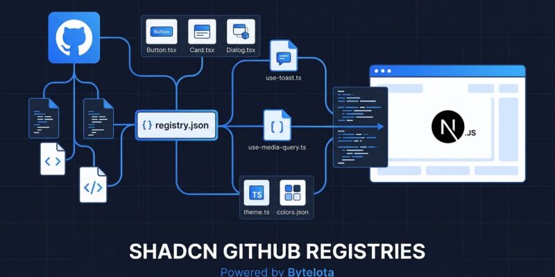 shadcn GitHub Registries diagram showing a registry.json file connecting components, hooks, and design tokens flowing from a GitHub repository to a React application
