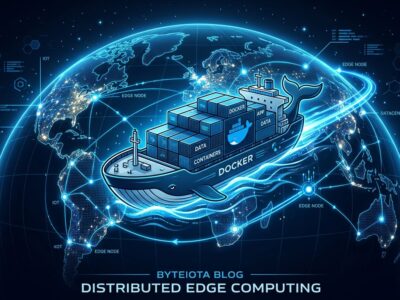 Docker container ship sailing through a global edge network of blue nodes representing Cloudflare Containers distributed computing
