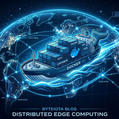 Docker container ship sailing through a global edge network of blue nodes representing Cloudflare Containers distributed computing