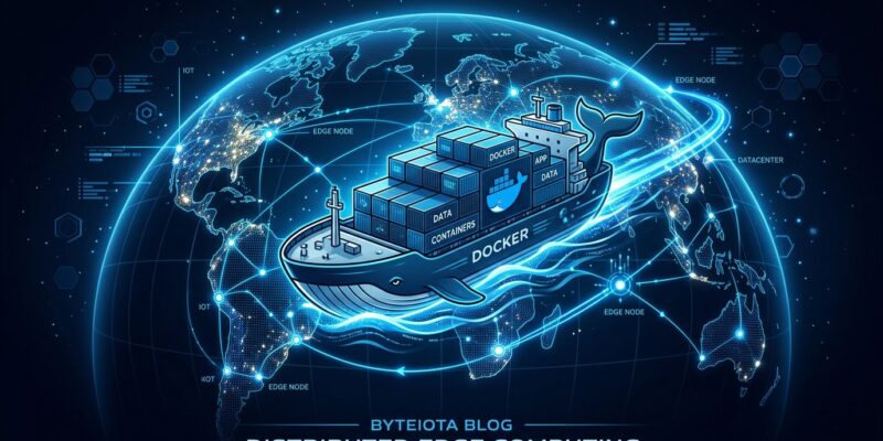 Docker container ship sailing through a global edge network of blue nodes representing Cloudflare Containers distributed computing