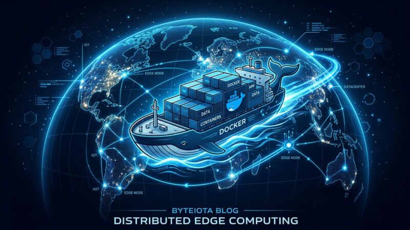 Docker container ship sailing through a global edge network of blue nodes representing Cloudflare Containers distributed computing