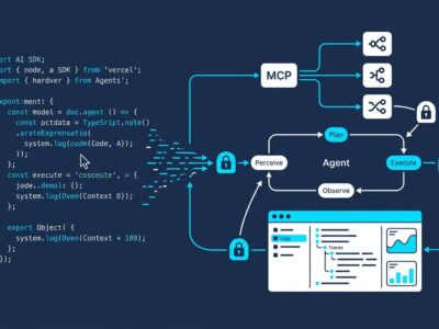 TypeScript code flowing into an agent loop diagram with MCP connection nodes and debugging interface panel representing Vercel AI SDK 6 features