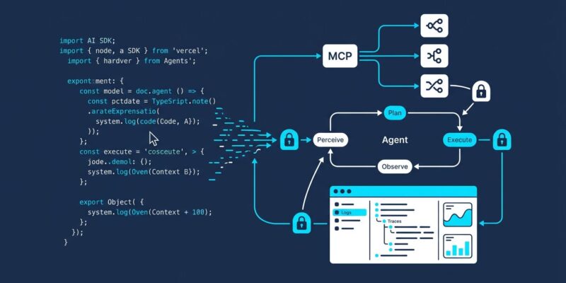 TypeScript code flowing into an agent loop diagram with MCP connection nodes and debugging interface panel representing Vercel AI SDK 6 features