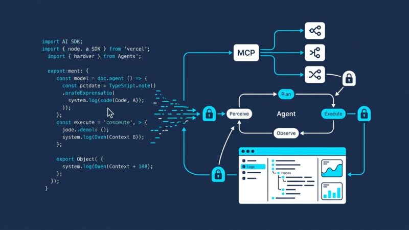 TypeScript code flowing into an agent loop diagram with MCP connection nodes and debugging interface panel representing Vercel AI SDK 6 features