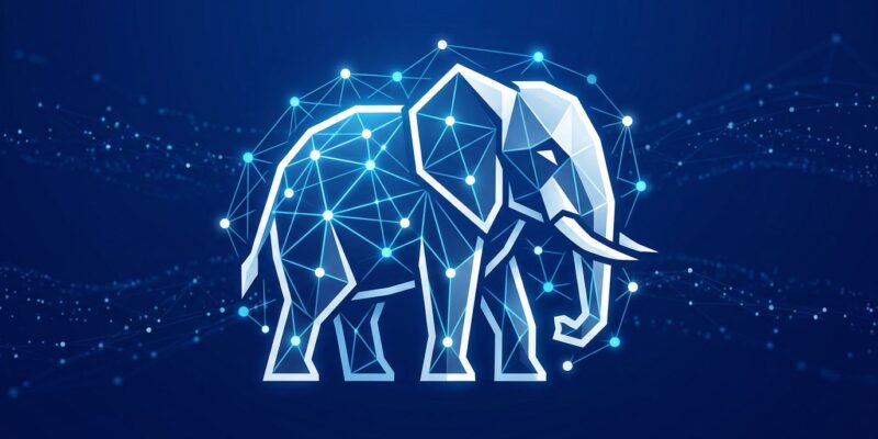 PostgreSQL elephant logo with graph network nodes and edges, representing the new SQL/PGQ graph query feature in PostgreSQL 19