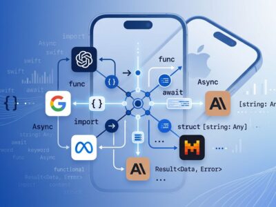 Apple iOS 27 LanguageModel protocol diagram showing Swift code connected to multiple AI providers including Claude and Gemini