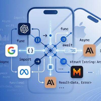 Apple iOS 27 LanguageModel protocol diagram showing Swift code connected to multiple AI providers including Claude and Gemini