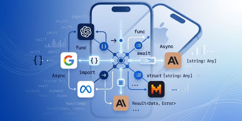Apple iOS 27 LanguageModel protocol diagram showing Swift code connected to multiple AI providers including Claude and Gemini