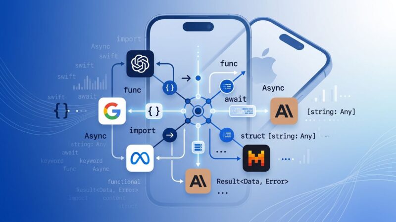 Apple iOS 27 LanguageModel protocol diagram showing Swift code connected to multiple AI providers including Claude and Gemini