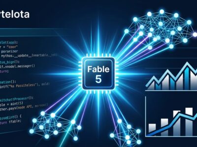 Claude Fable 5 API migration guide — neural network visualization with Python code snippets and benchmark graphs on dark blue background