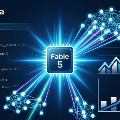 Claude Fable 5 API migration guide — neural network visualization with Python code snippets and benchmark graphs on dark blue background